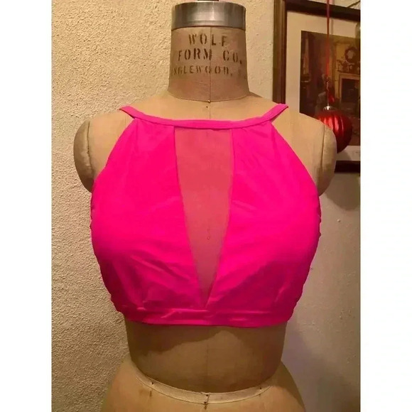 Sheer Mesh Deep Plunge Tankini Bikini Swimsuit Top Pink NWT Size XL - Picture 3 of 8